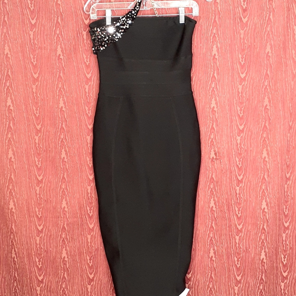 CATCHALL Black Sleeveless Black Zip Sequin Across Top Dress Women's Size S